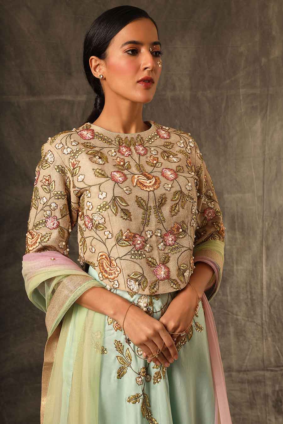 Mint Green Aari Embroidered Lehenga Set