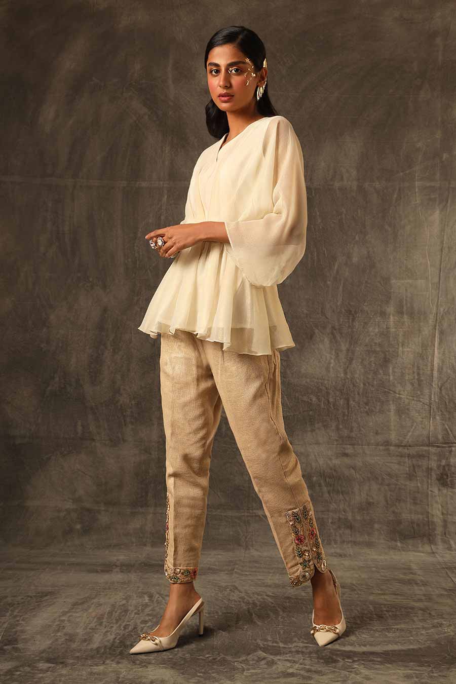 Cream Embroidered Kaftan Top & Pant Set