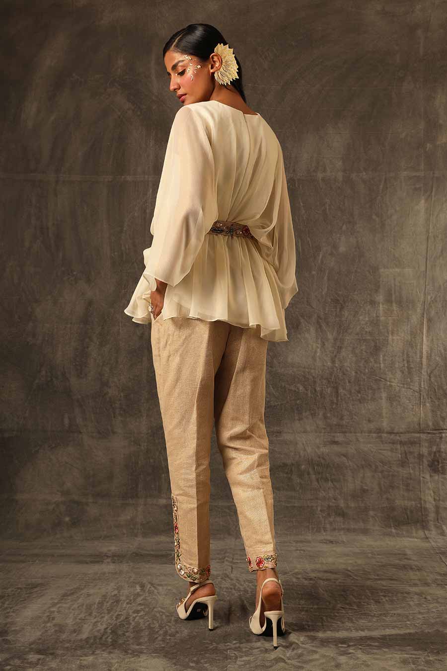 Cream Embroidered Kaftan Top & Pant Set