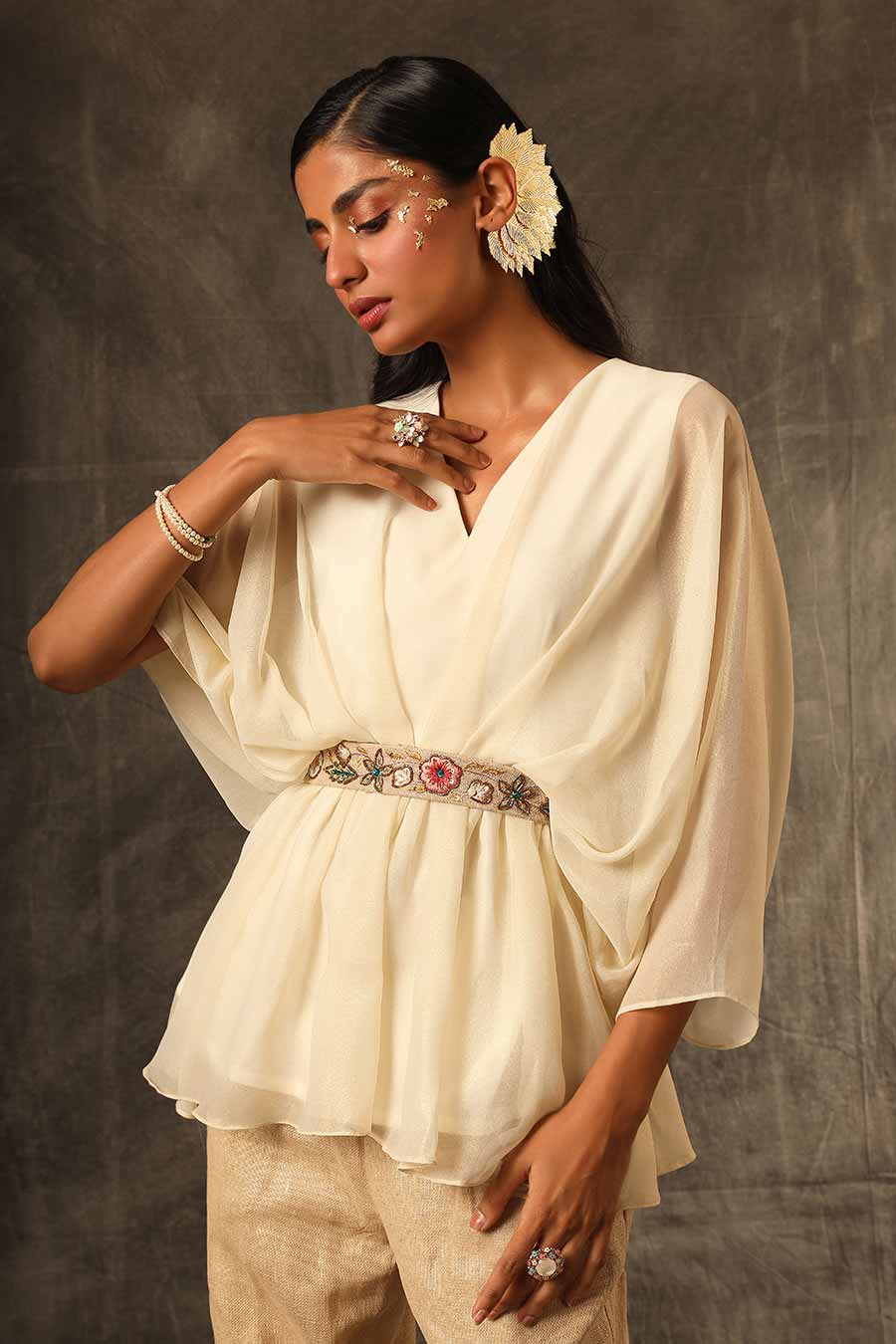 Cream Embroidered Kaftan Top & Pant Set