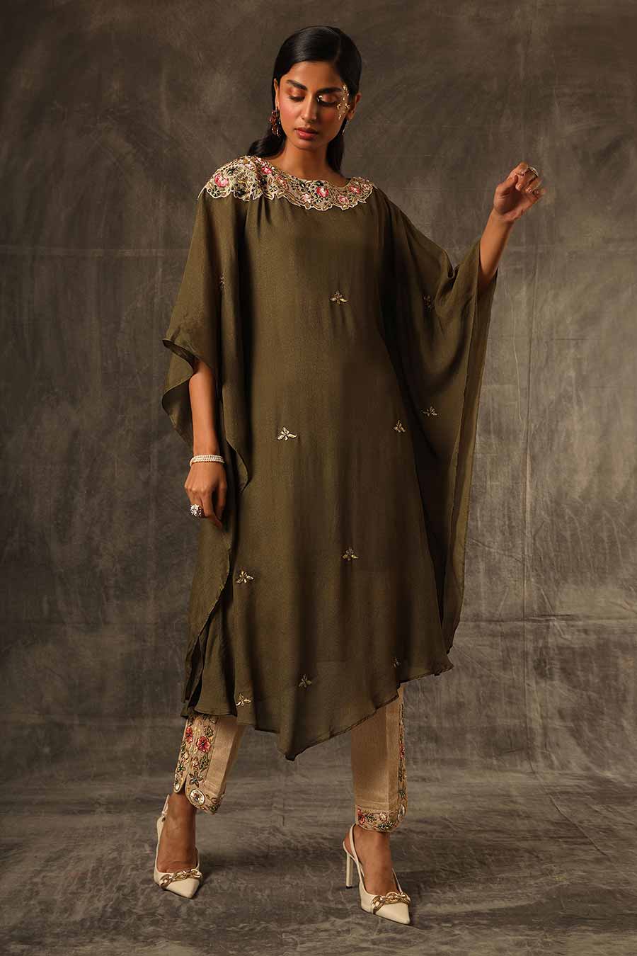 Green Embroidered Kaftan & Pant Set