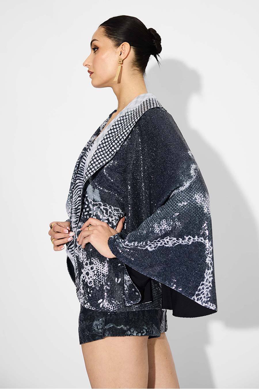 Black Sequins Printed Cape Jacket