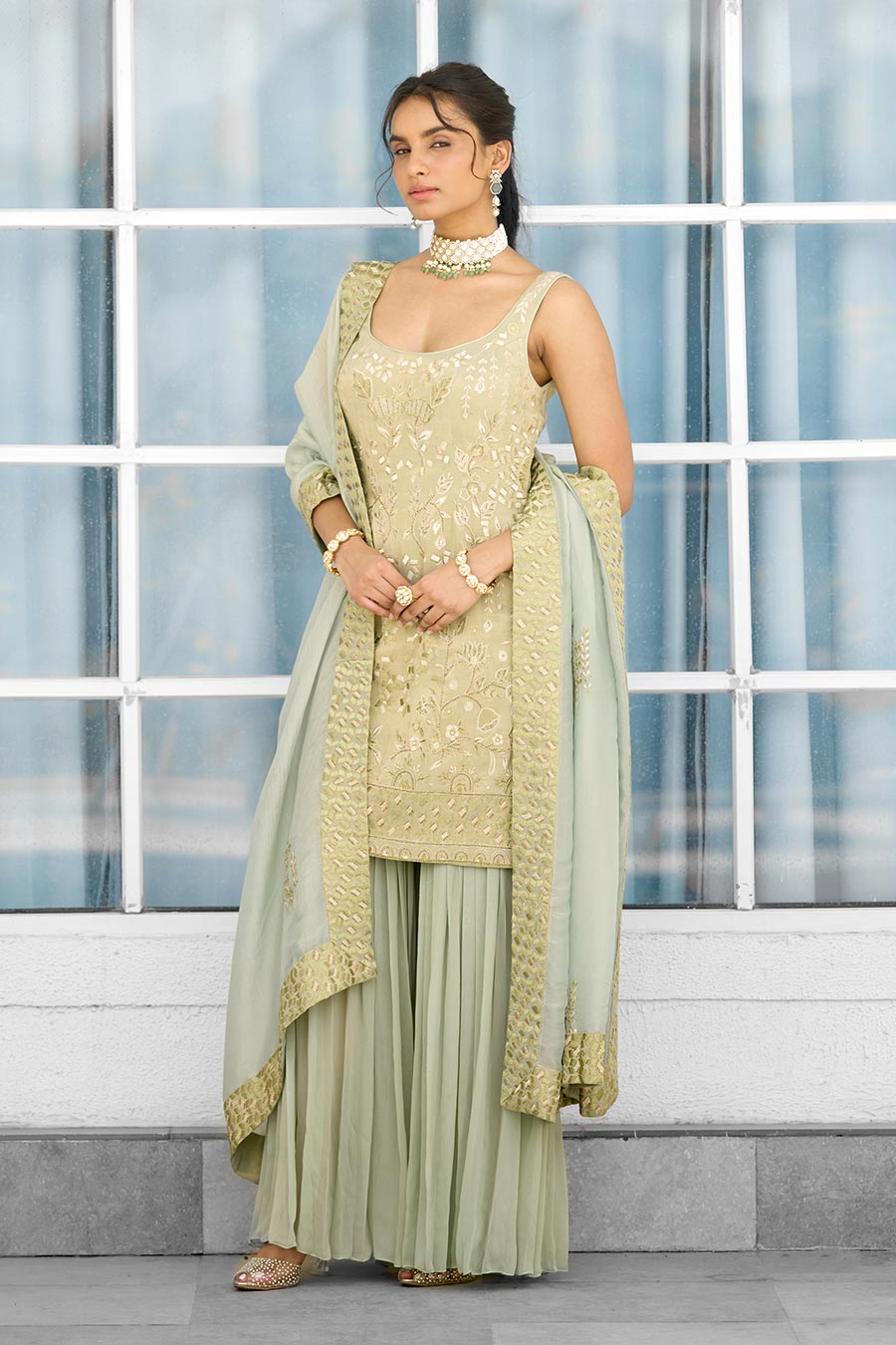 Green Moss Mirage Embellished Sharara Set