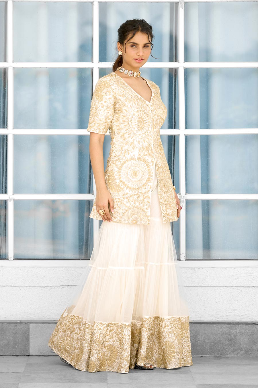 Ivory Gold Sun Ray Embellished Sharara Set