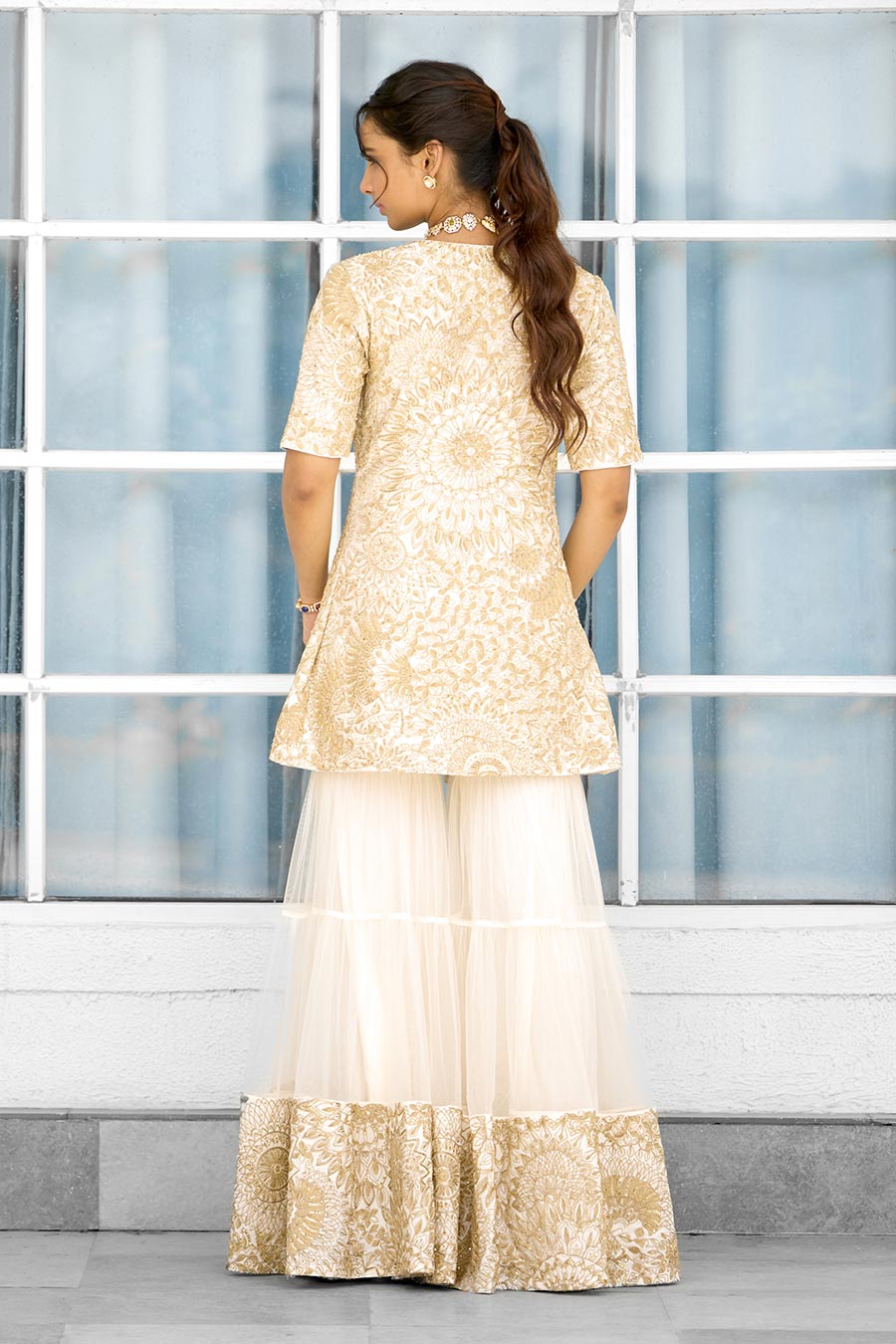 Ivory Gold Sun Ray Embellished Sharara Set