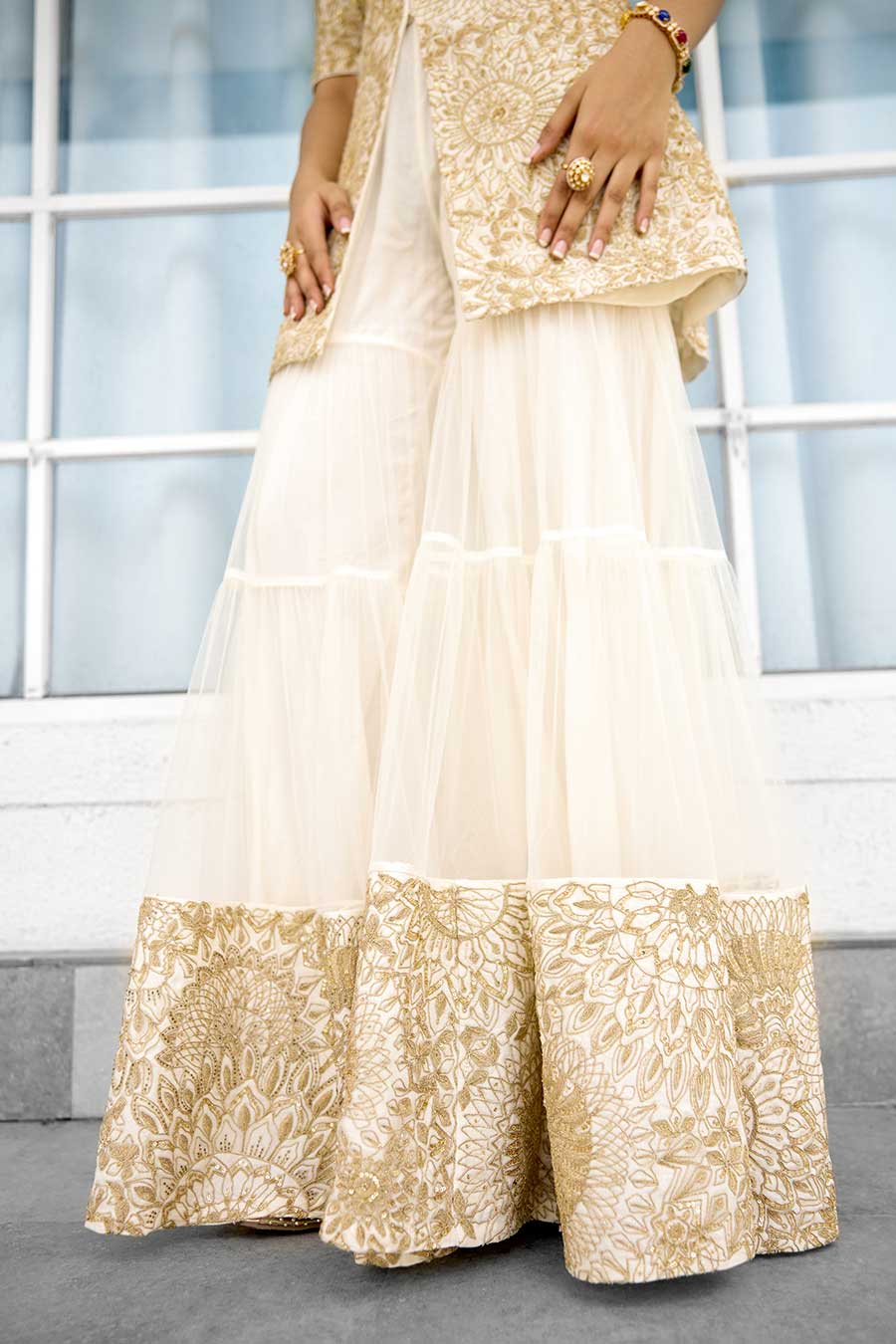 Ivory Gold Sun Ray Embellished Sharara Set