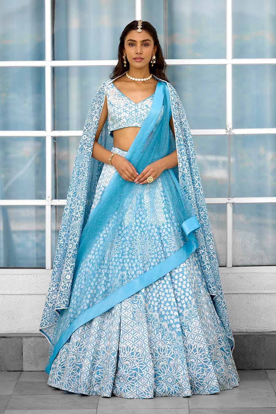 Blue Blossom Lehenga Set with Twin Dupattas