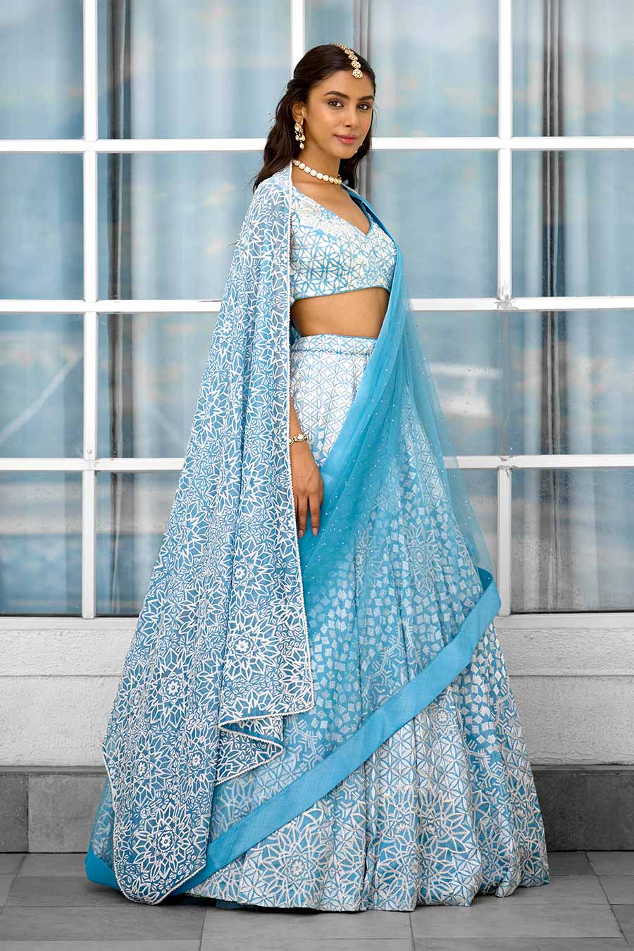 Blue Blossom Lehenga Set with Twin Dupattas