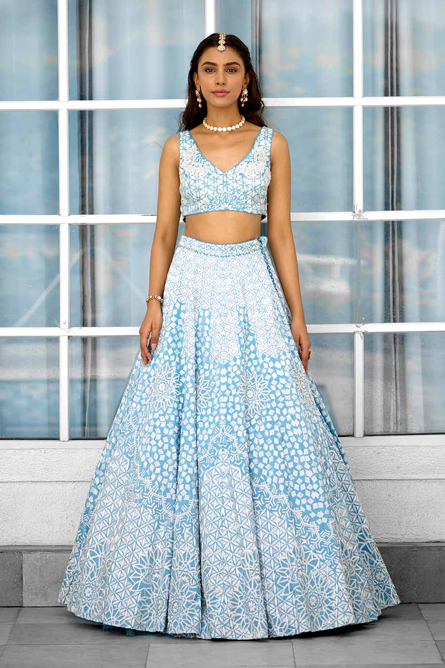 Blue Blossom Lehenga Set with Twin Dupattas