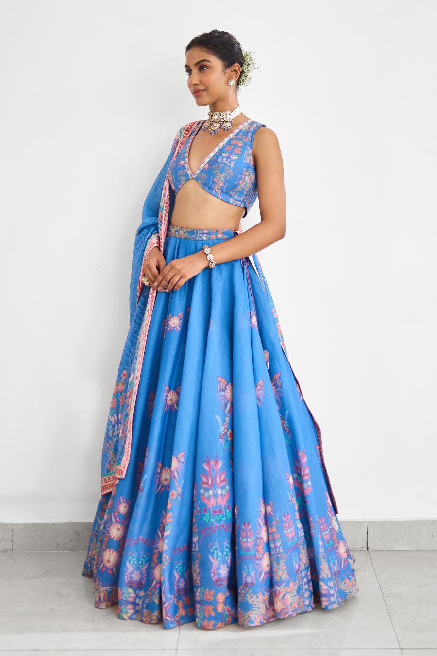 Blue Haze Embellished Chanderi Lehenga Set