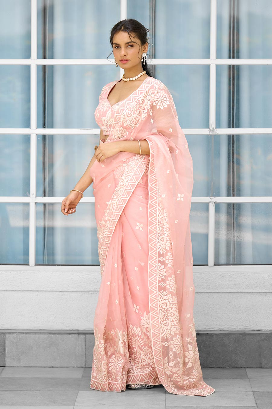 Whispers of Rose Embellished Organza Saree Set