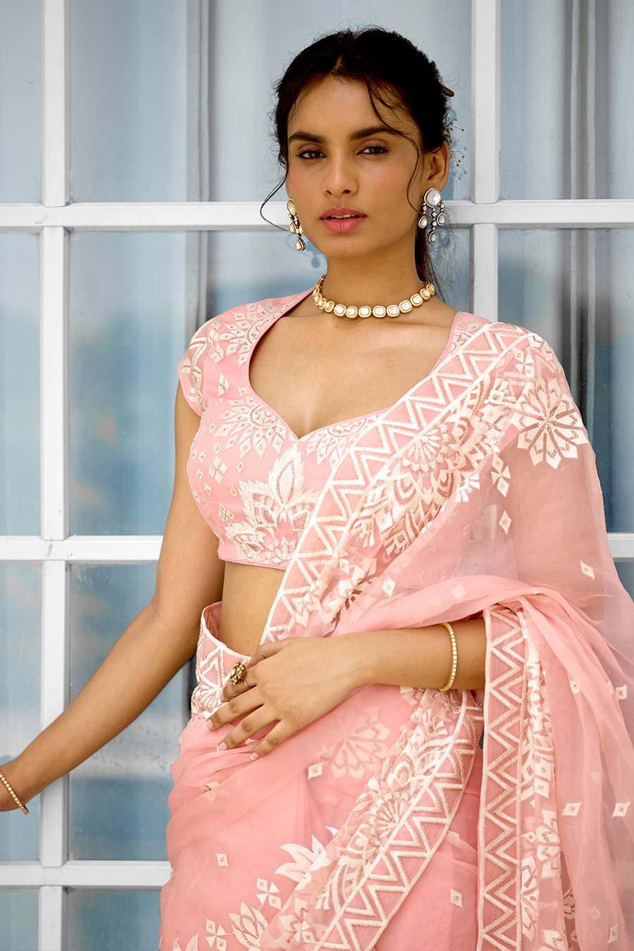 Whispers of Rose Embellished Organza Saree Set