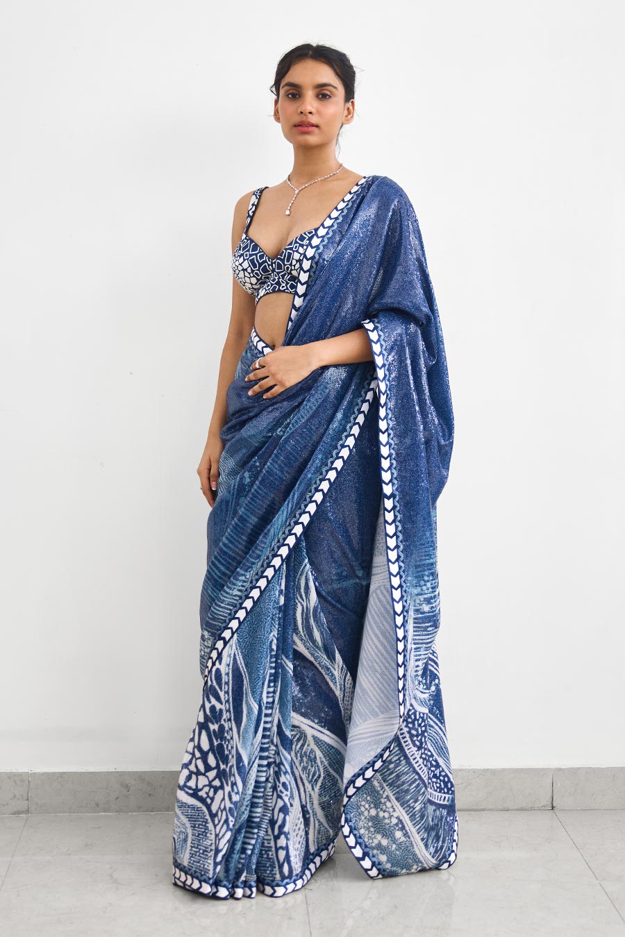 Blue Swirl Sequin Embellished Saree Set