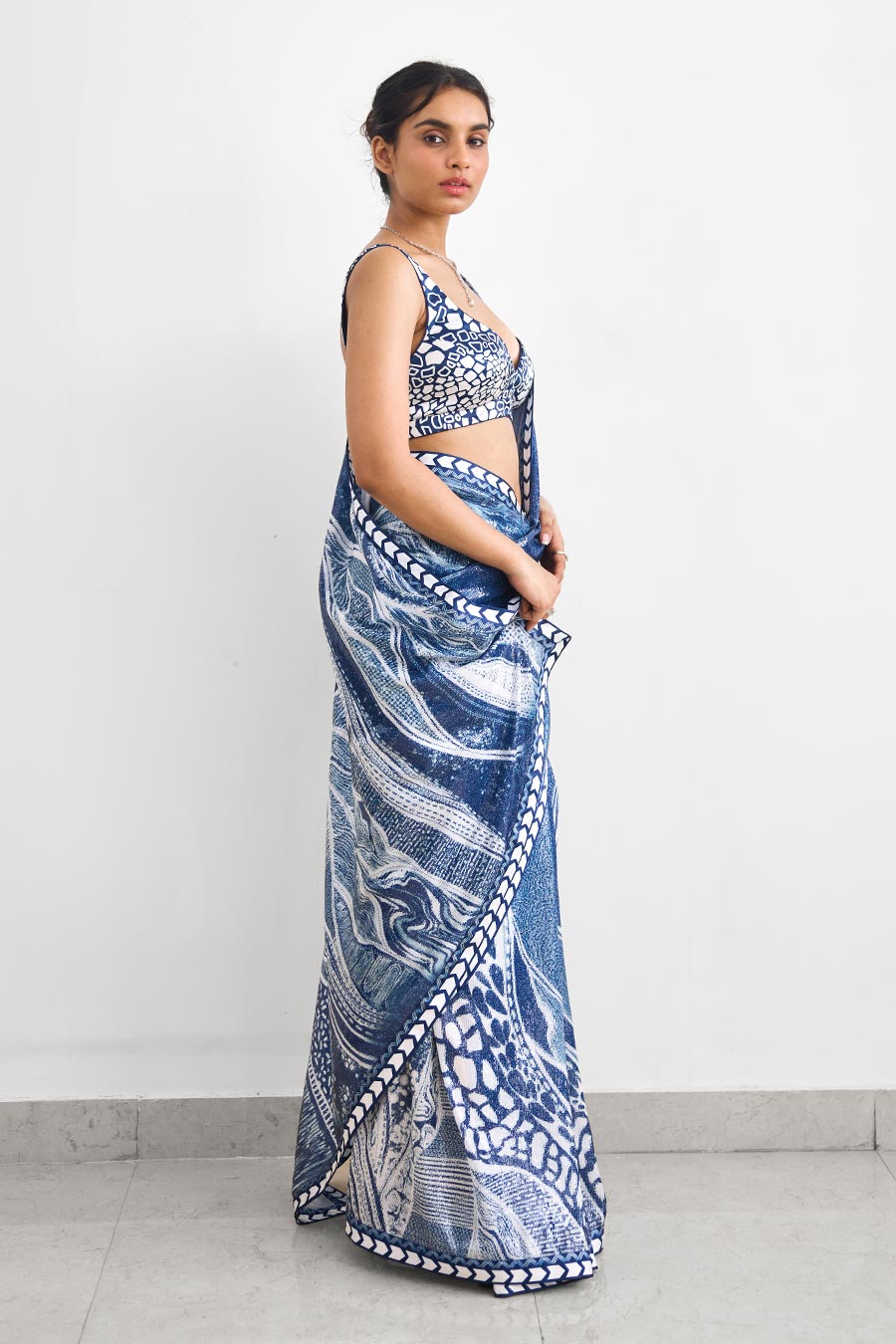 Blue Swirl Sequin Embellished Saree Set