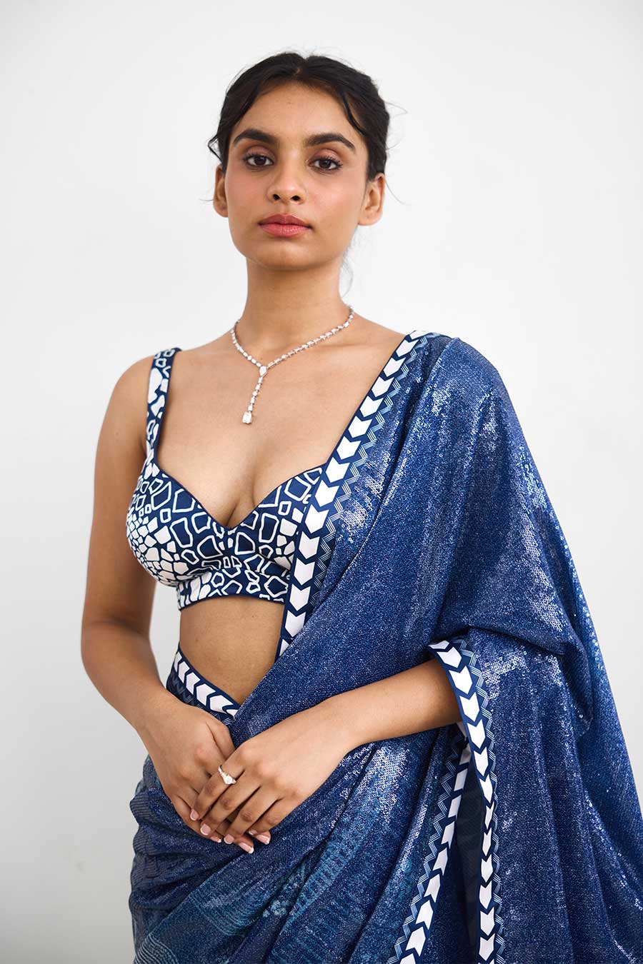 Blue Swirl Sequin Embellished Saree Set