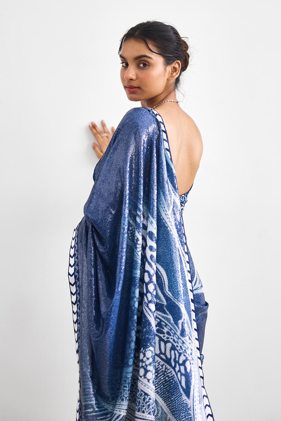 Blue Swirl Sequin Embellished Saree Set