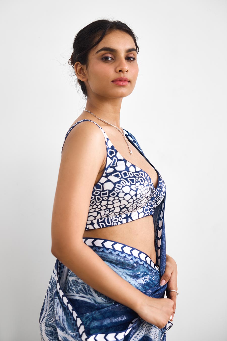 Blue Swirl Sequin Embellished Saree Set