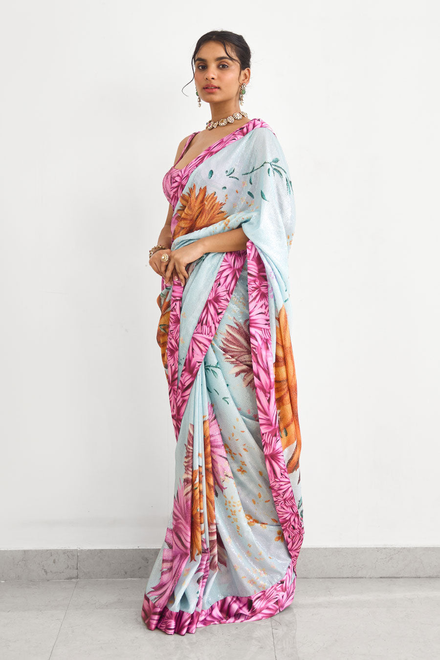 Bright Flower Sequin Embellished Saree Set