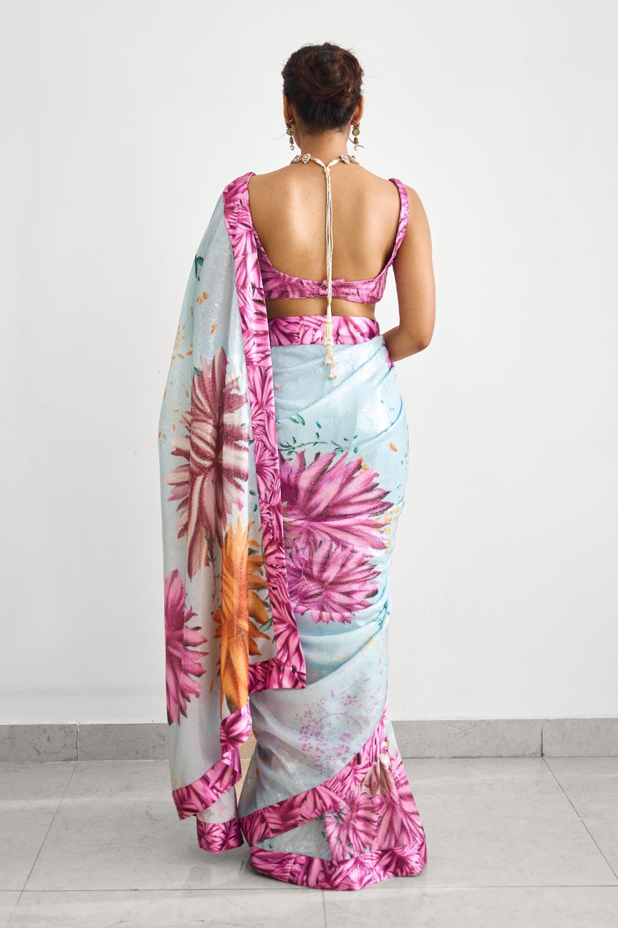 Bright Flower Sequin Embellished Saree Set