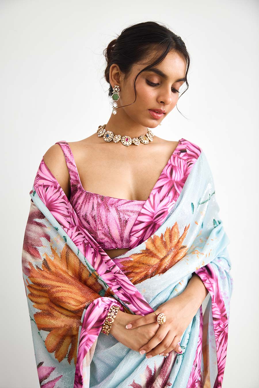 Bright Flower Sequin Embellished Saree Set