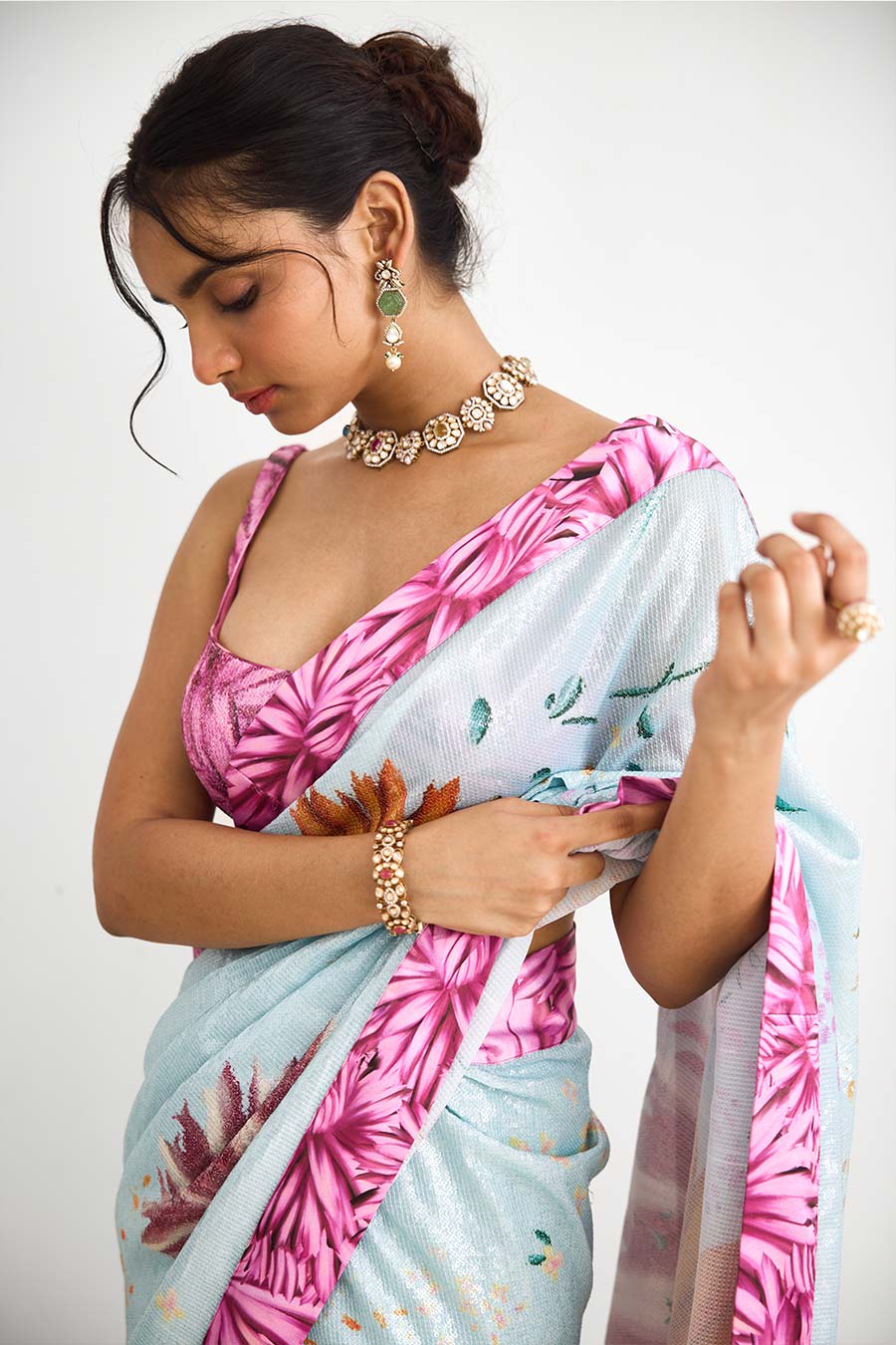 Bright Flower Sequin Embellished Saree Set