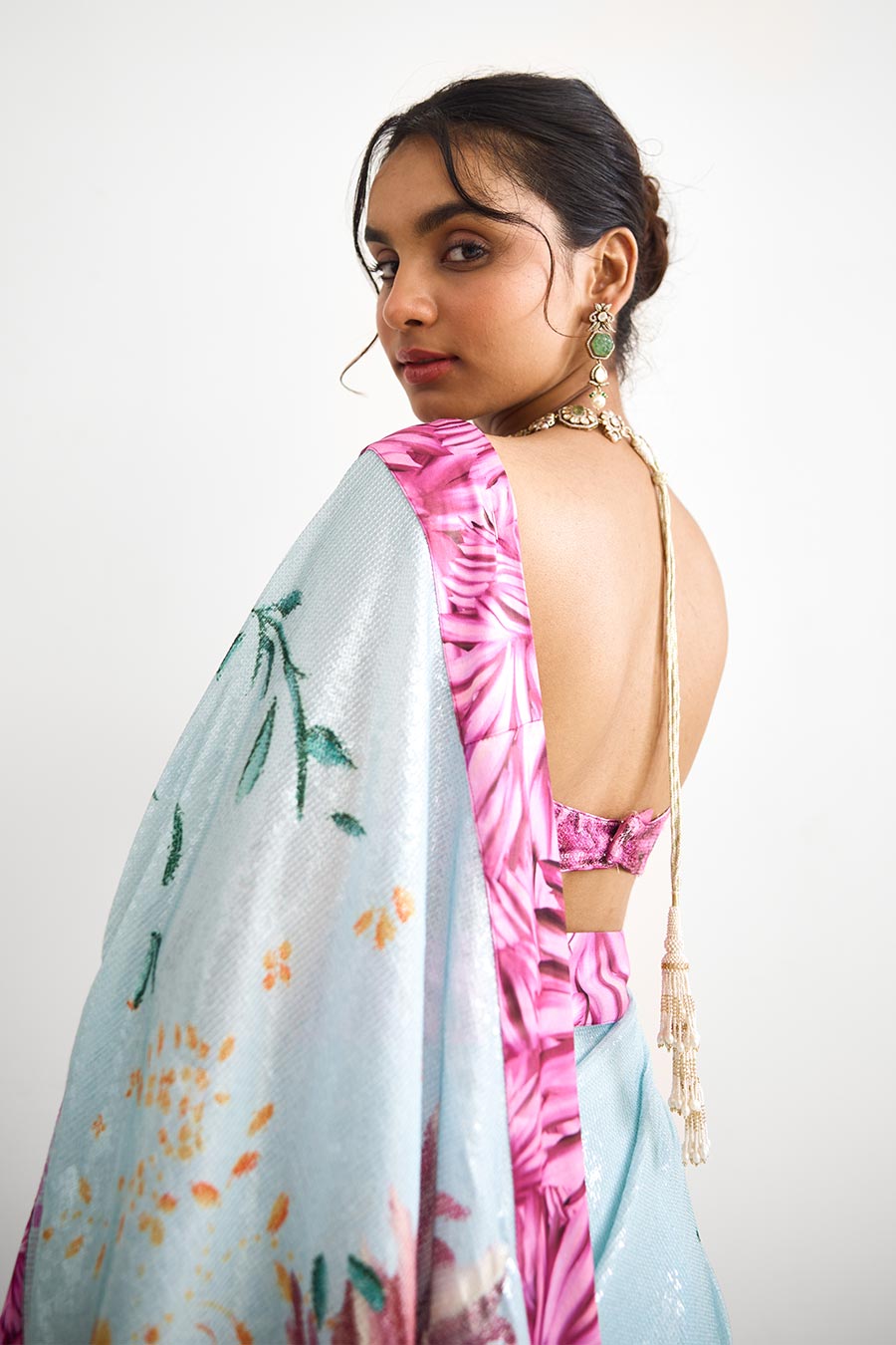 Bright Flower Sequin Embellished Saree Set