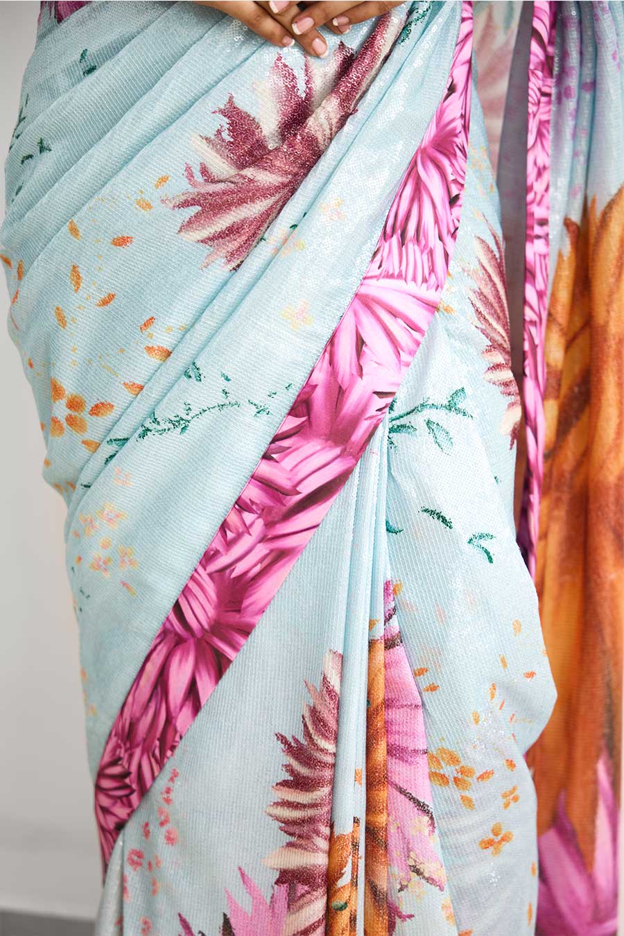 Bright Flower Sequin Embellished Saree Set
