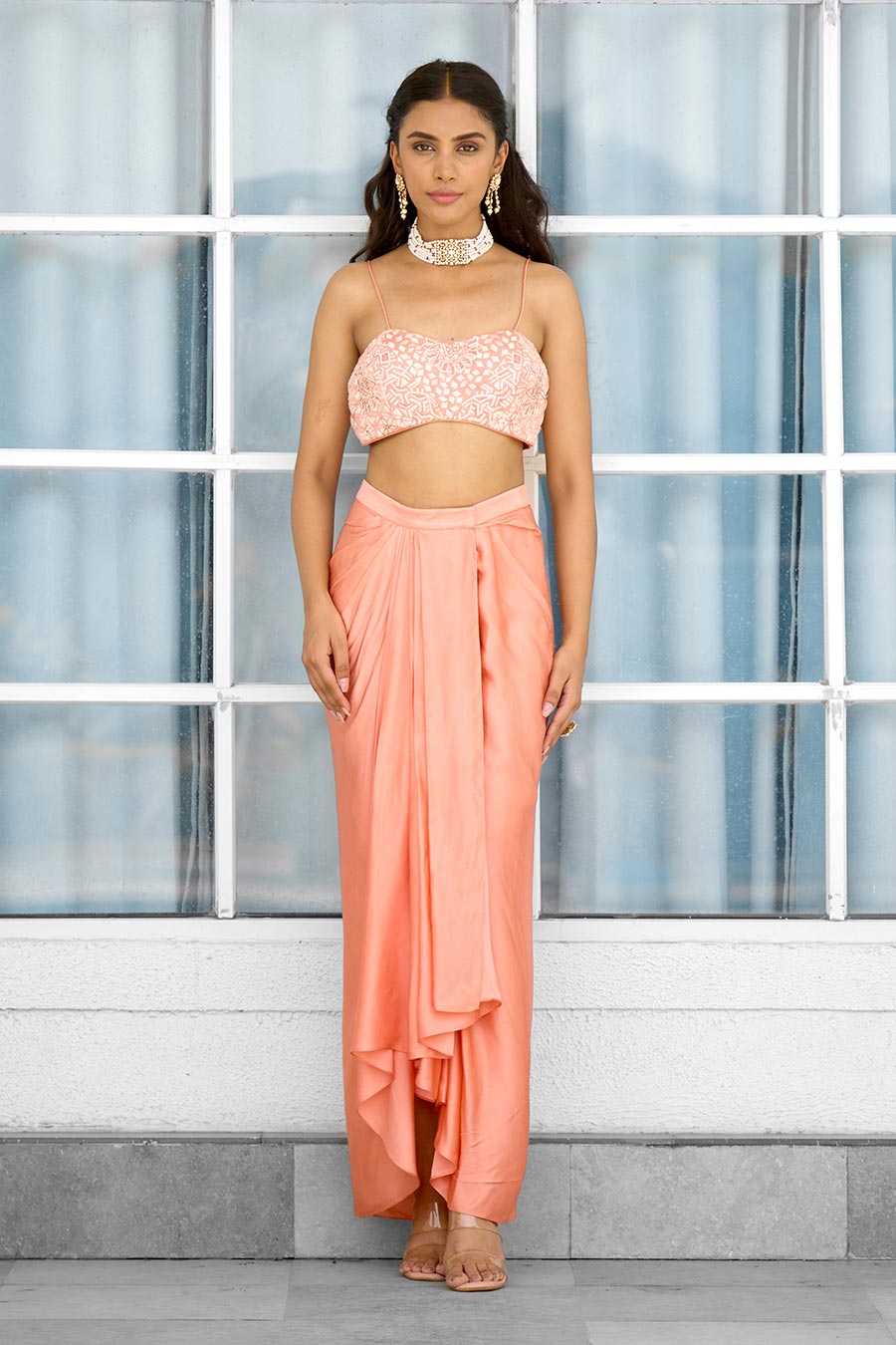 Peach Petal Dust Embellished Dhoti Set With Cape