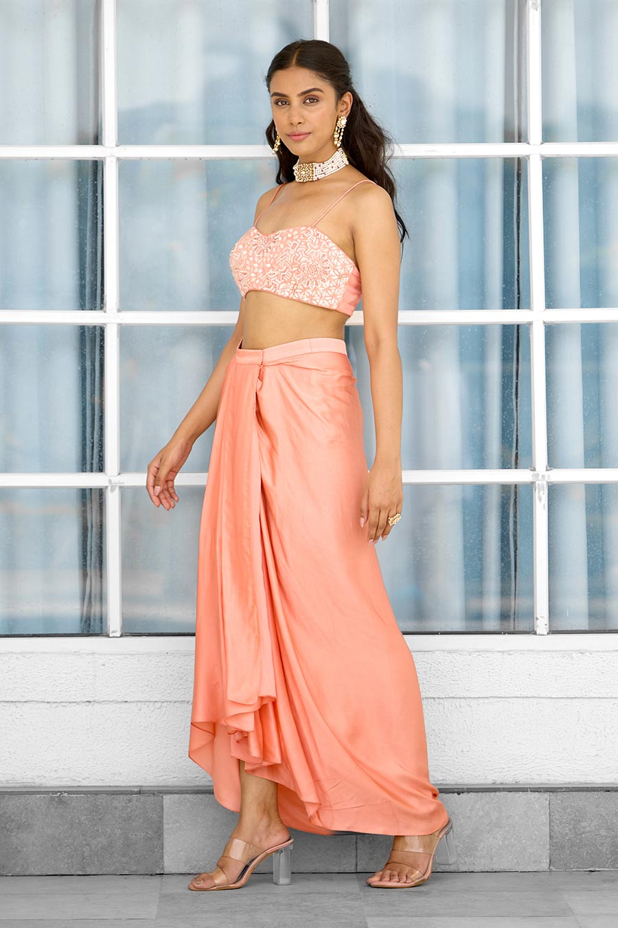 Peach Petal Dust Embellished Dhoti Set With Cape