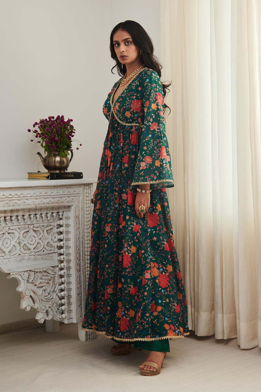 Green Tulsi Printed Anarkali & Pant Set