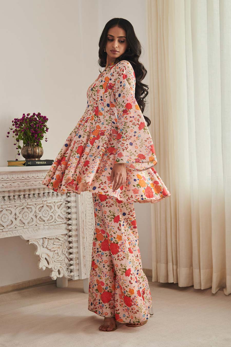 Champaign Pink Vinamrh Printed Peplum Kurta & Pant Set