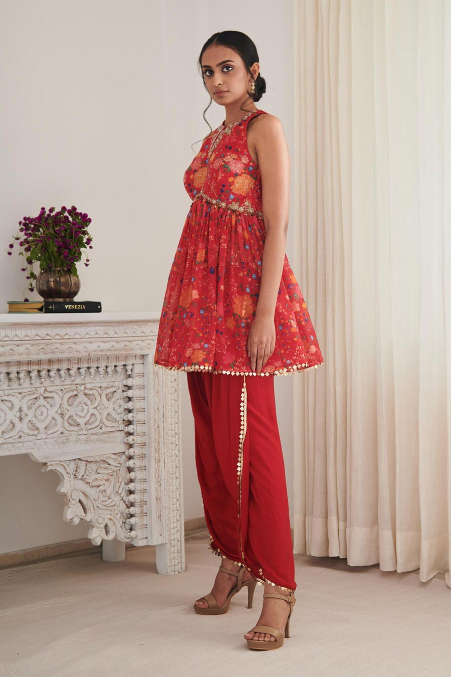 Red Ritu Printed Kurta & Dhoti Set
