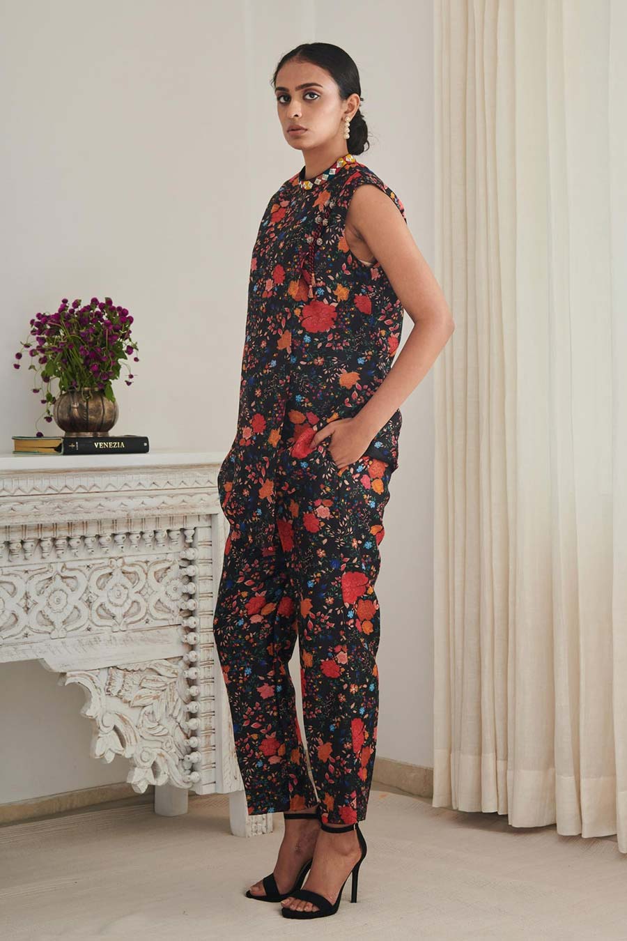 Black Kasturi Printed Top & Pant Co-Ord Set