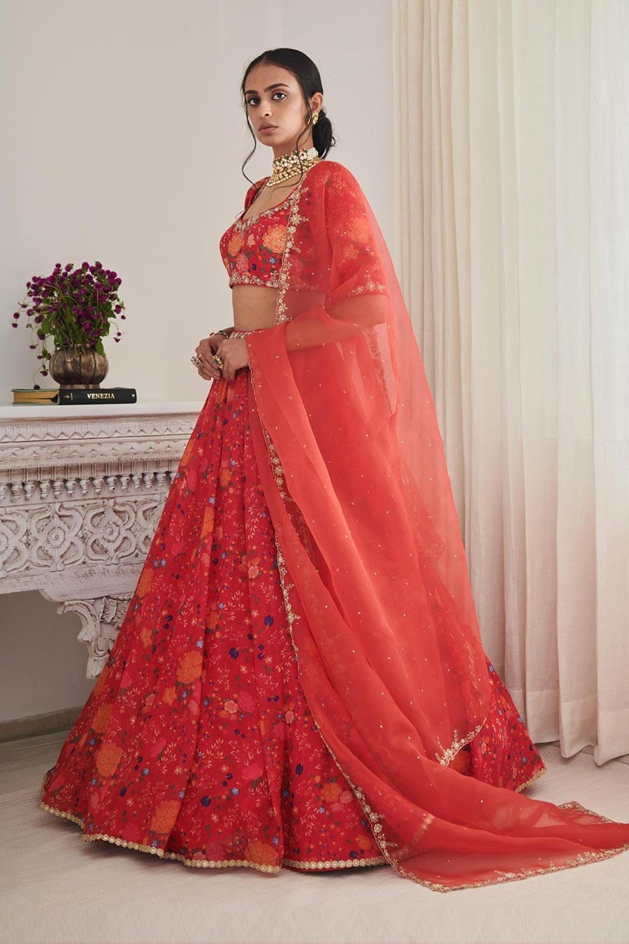 Red Kesar Printed Lehenga Set