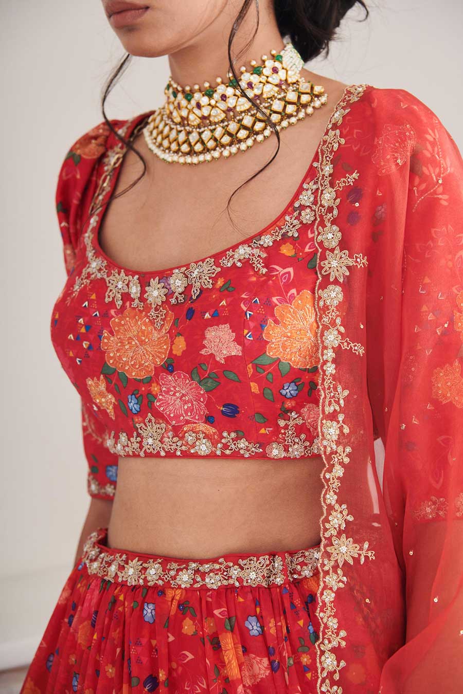 Red Kesar Printed Lehenga Set