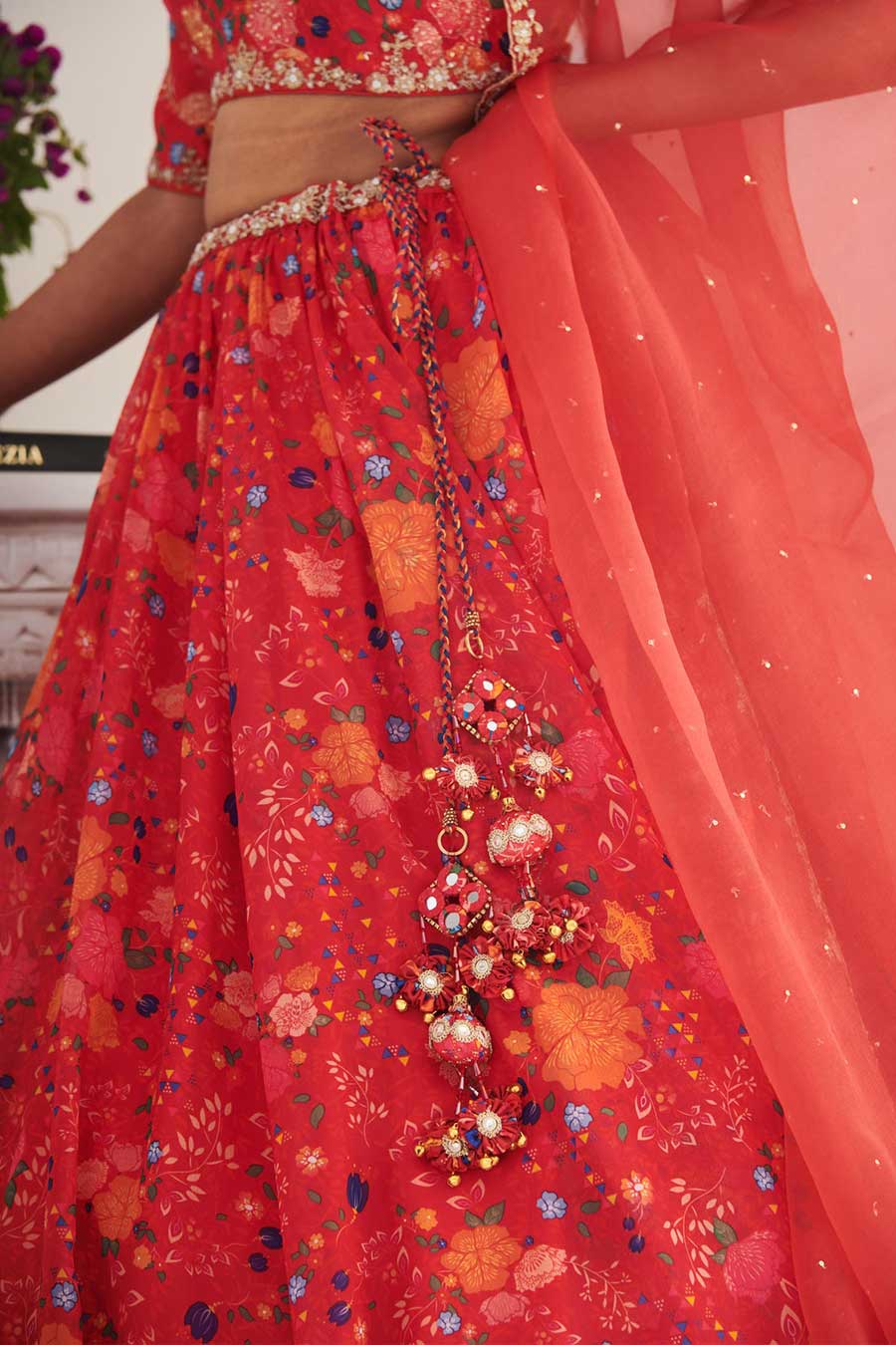 Red Kesar Printed Lehenga Set