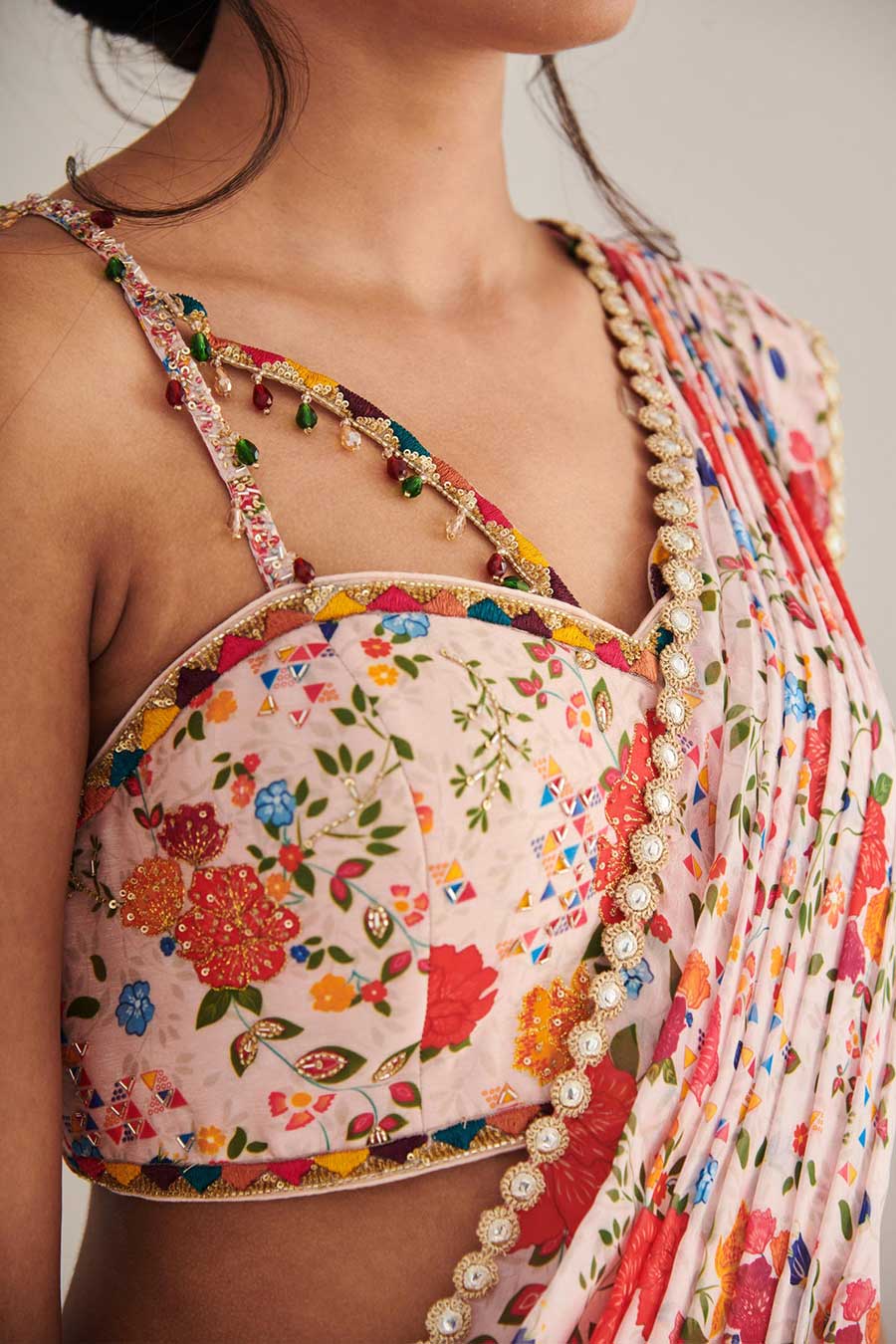 Champaign Pink Misri Printed Saree Set