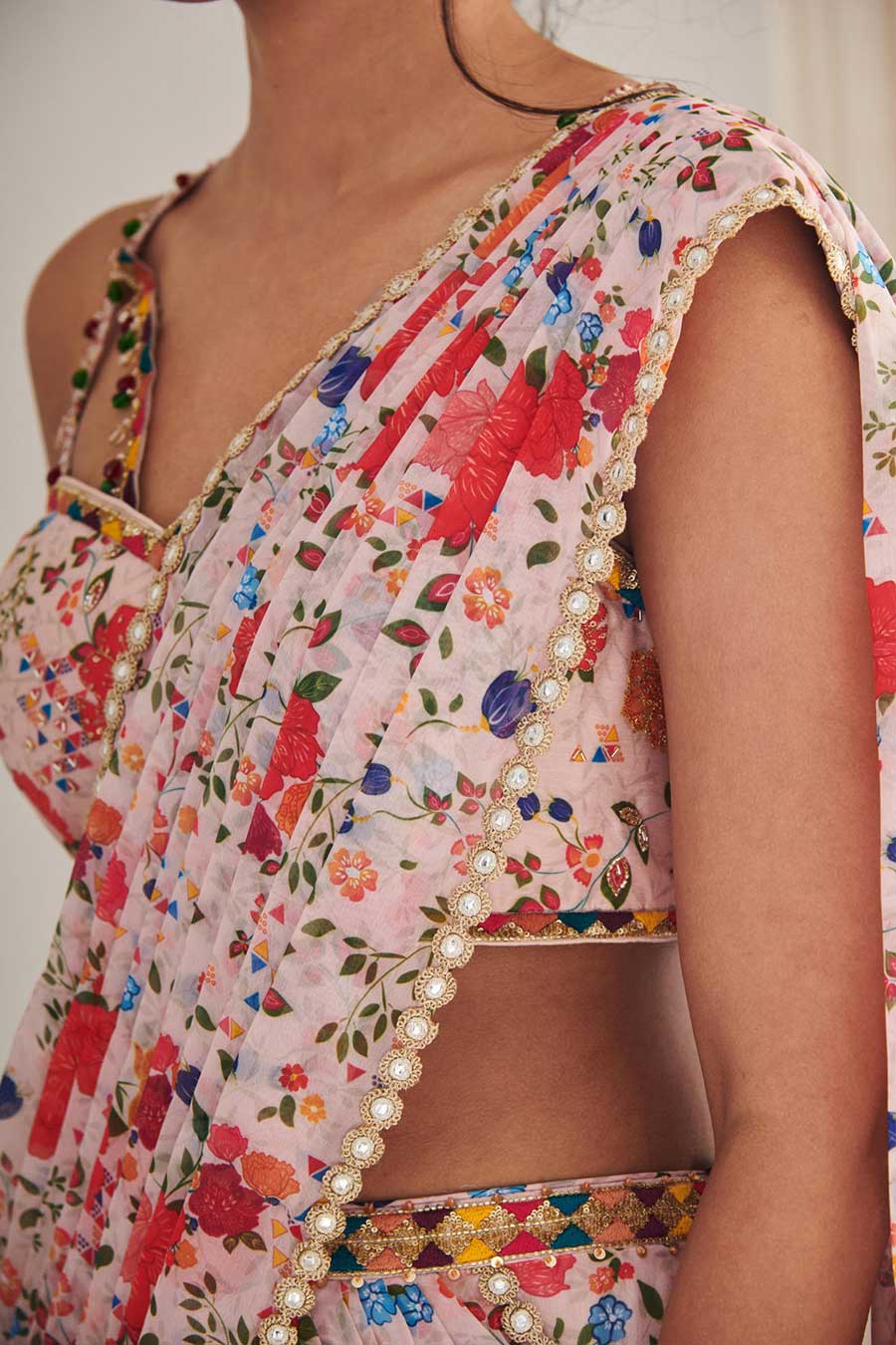 Champaign Pink Misri Printed Saree Set
