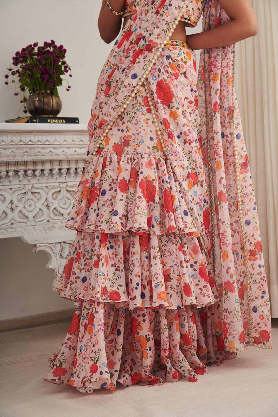 Champaign Pink Misri Printed Saree Set