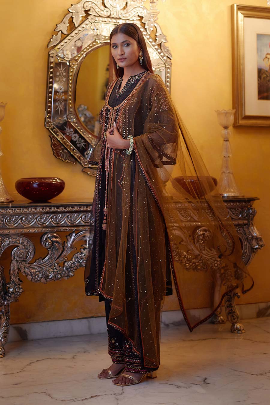 Black Chavi Embroidered Kurta Set With Jacket