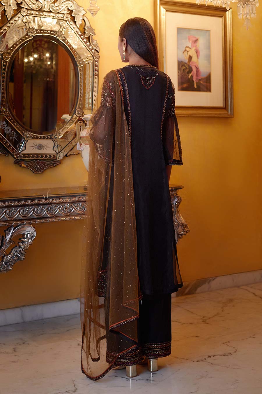 Black Chavi Embroidered Kurta Set With Jacket