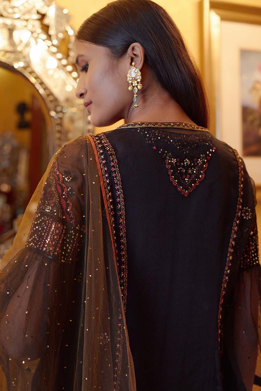 Black Chavi Embroidered Kurta Set With Jacket