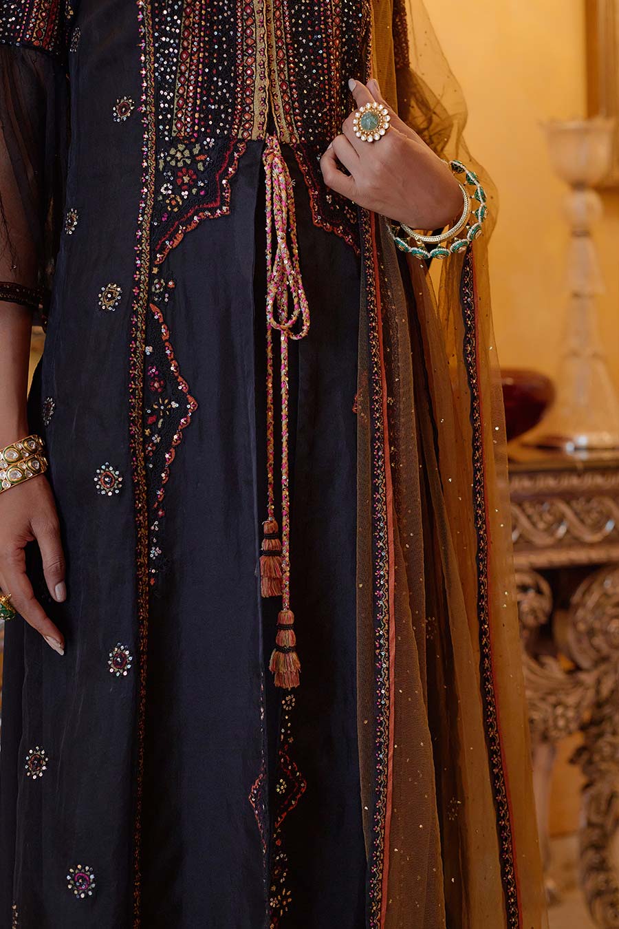 Black Chavi Embroidered Kurta Set With Jacket