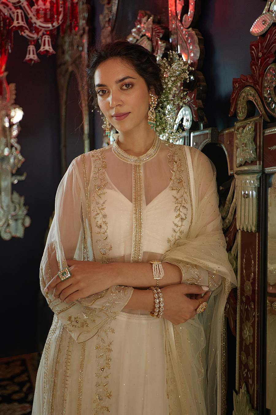 Pearl Chandrama Embroidered Kurta, Skirt & Dupatta Set