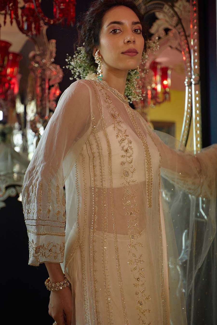 Pearl Chandrama Embroidered Kurta, Skirt & Dupatta Set