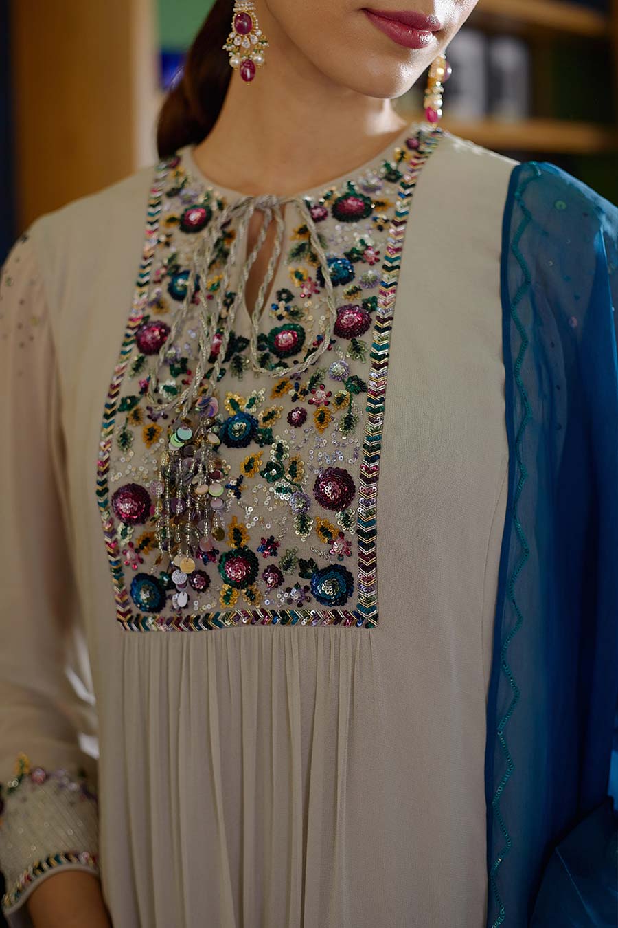 Grey & Blue Ruhaani Embroidered Kurta Set