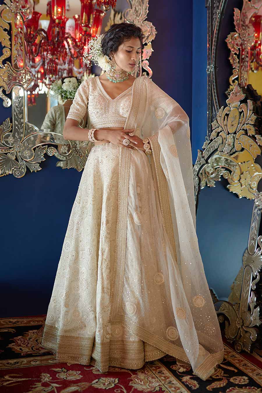 Pearl White Chand Embroidered Lehenga Set
