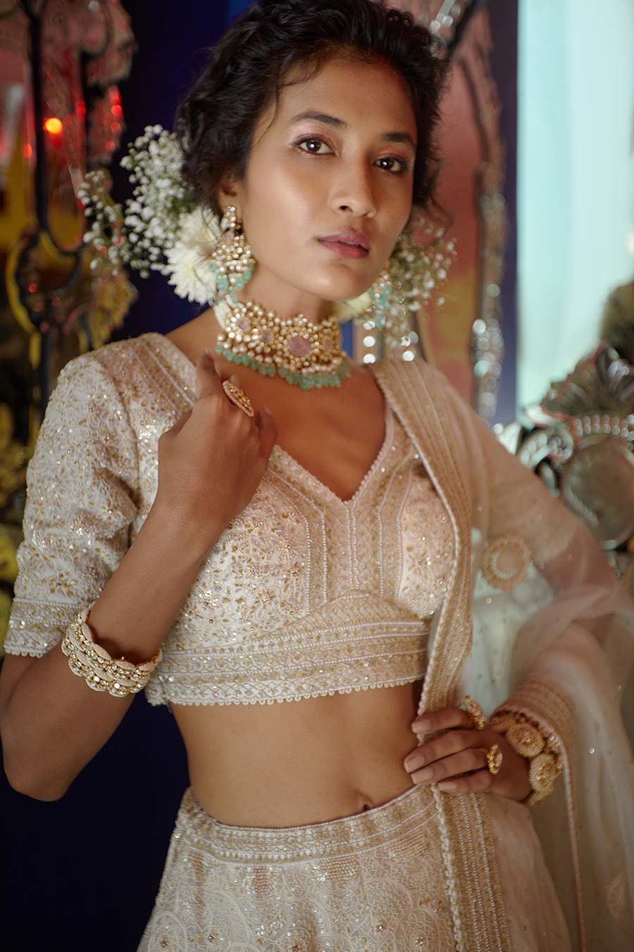 Pearl White Chand Embroidered Lehenga Set