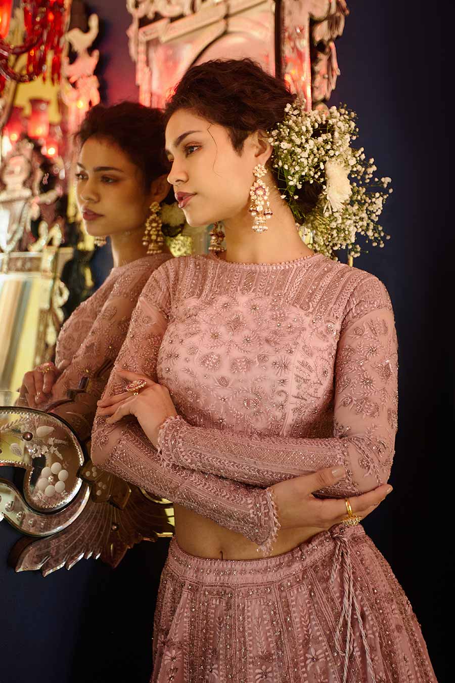 Frosty Pink Prisha Embroidered Lehenga Set