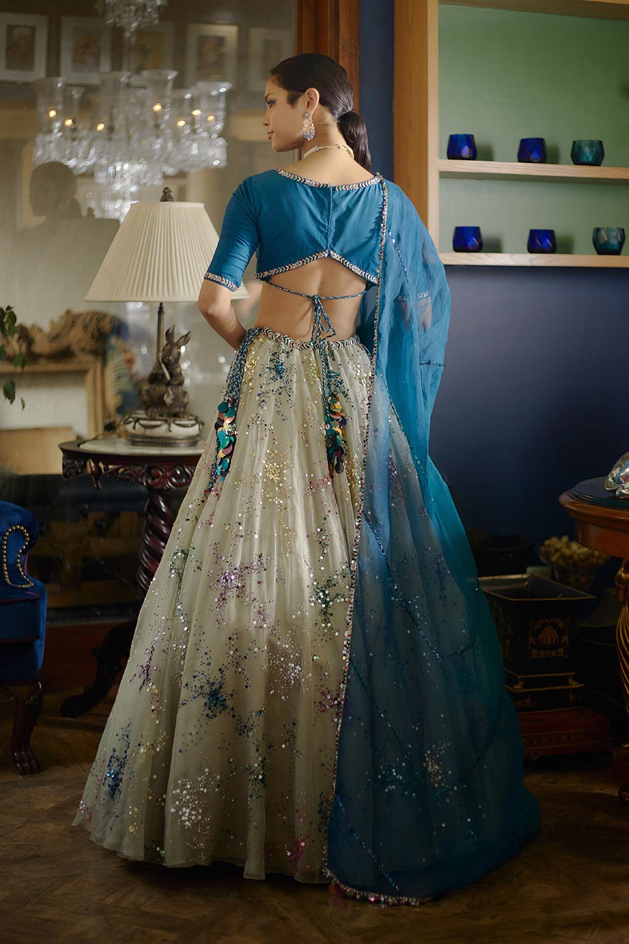 Grey & Blue Rangeela Embroidered Lehenga Set